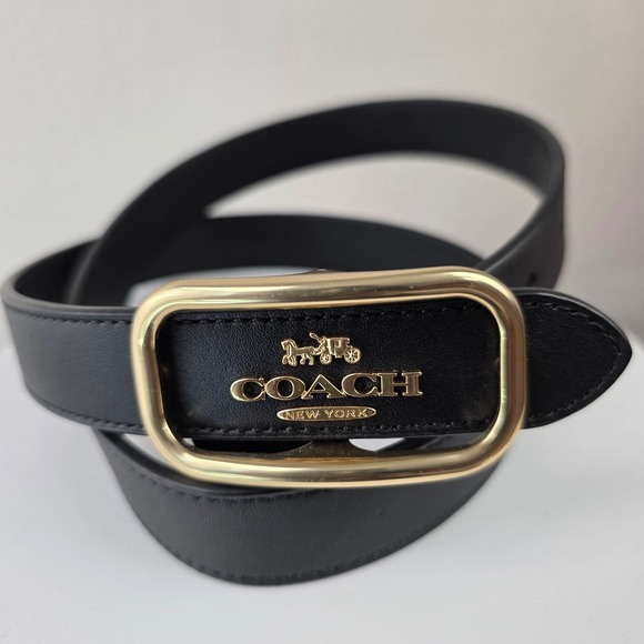 Coach Accessories - Coach Morgan Rectangle Black Leather Buckle Belt Medium M Gold Horse Carriage
